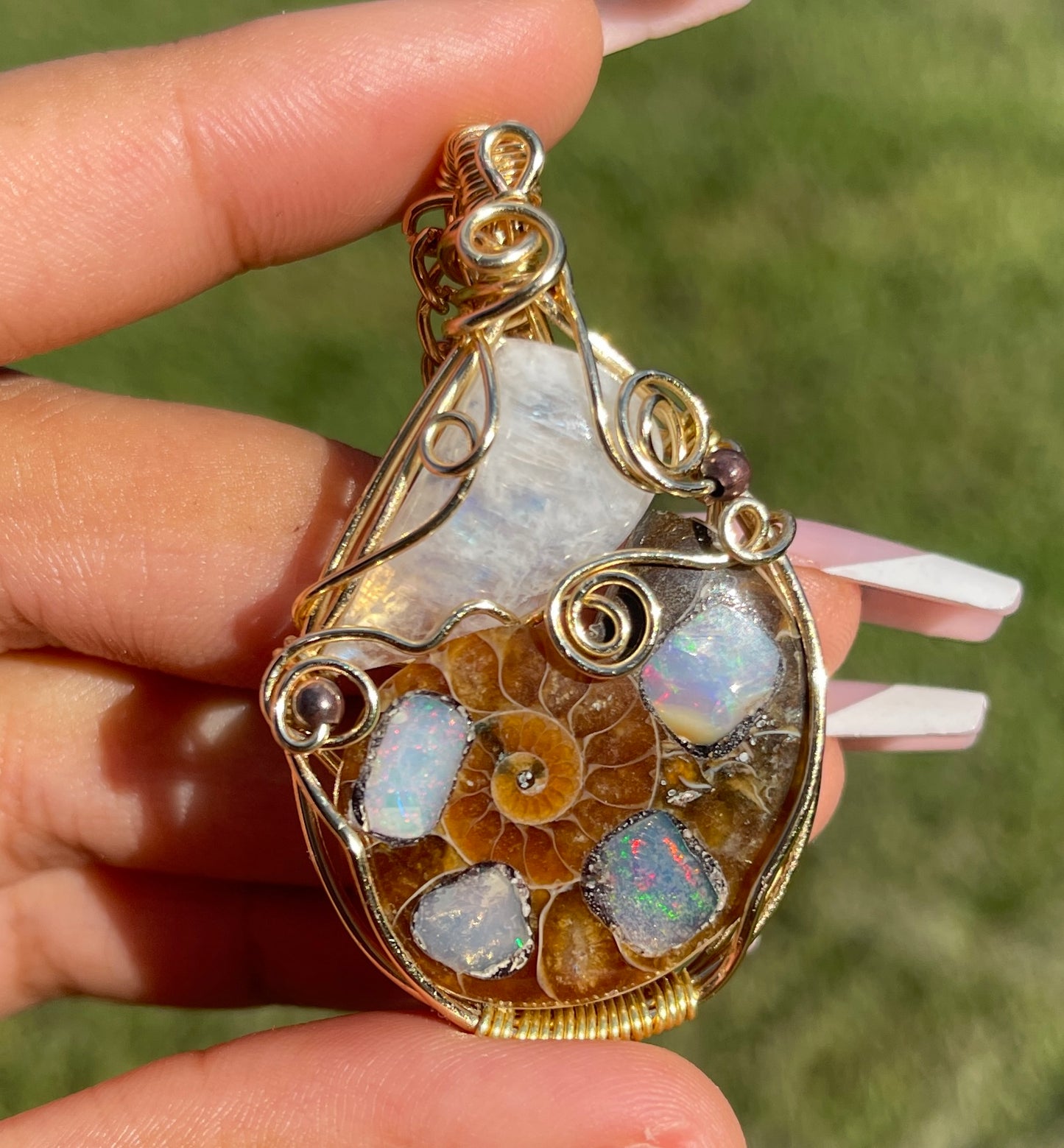 Quinn • Ethiopian Opal Inlayed Ammonite + Moonstone Pendant (RARE)