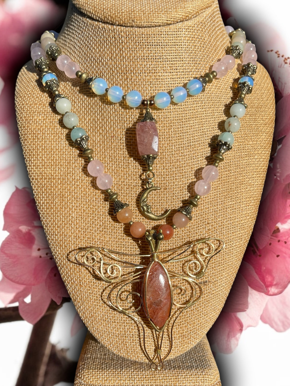 Tilly • Opalite, Amazonite, Rose Quartz + Sunstone Luna Moth Necklace Set