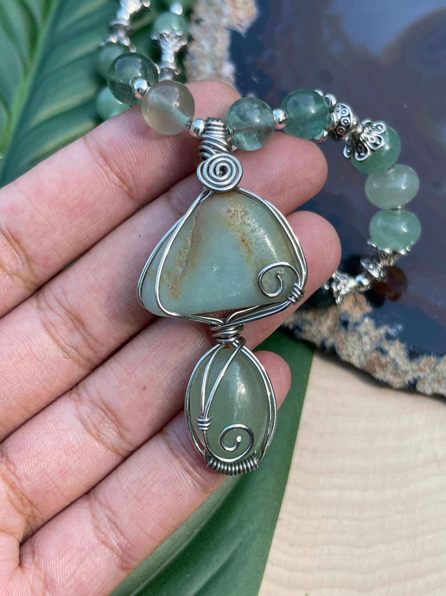 Lora • Moss Agate, Fluorite + Green Aventurine Mushroom Necklace
