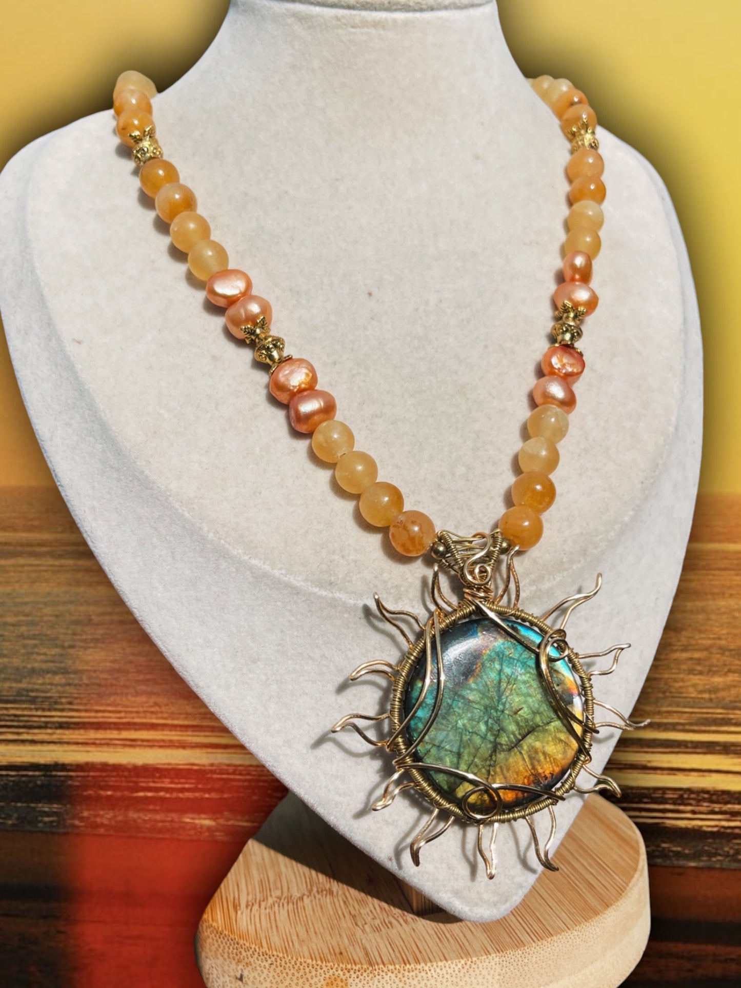 Rising Sun • Labradorite, Freshwater Pearl + Honey Calcite Necklace