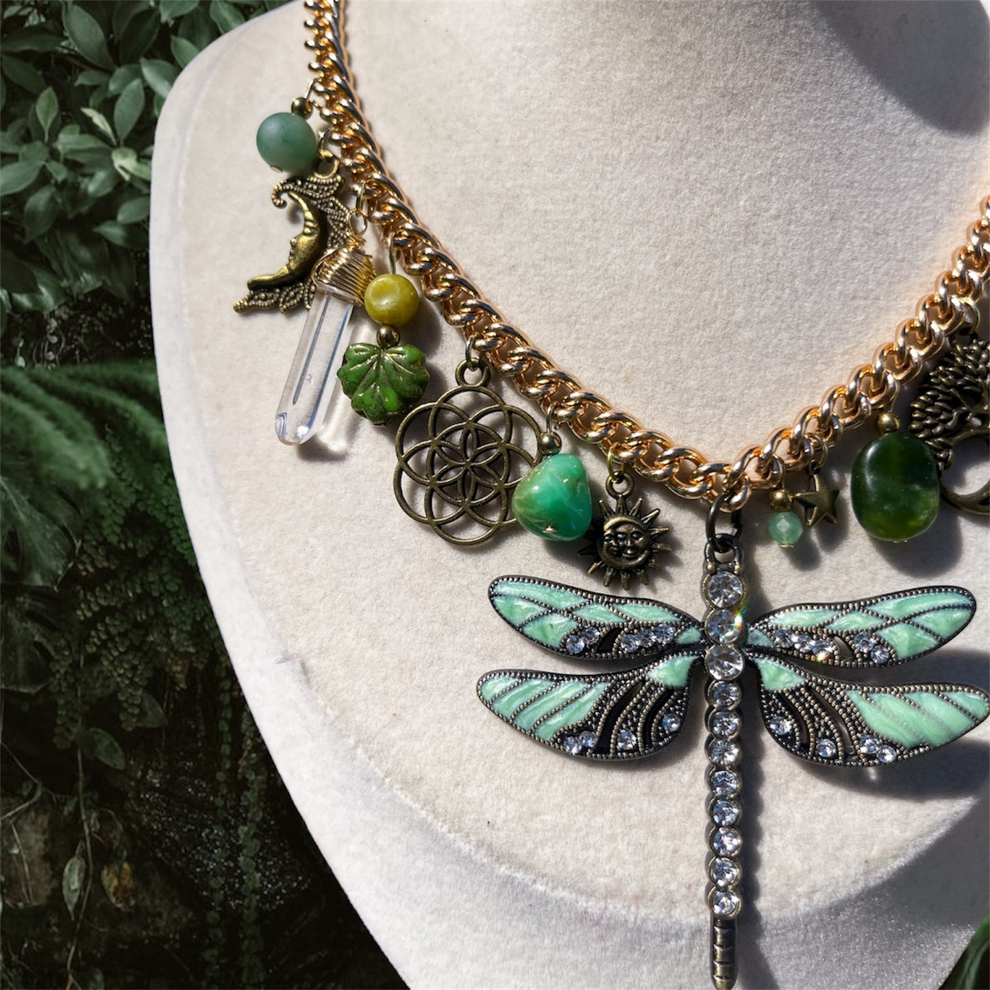 Chrysoprase, Jade + Peridot Dragonfly Charm Necklace