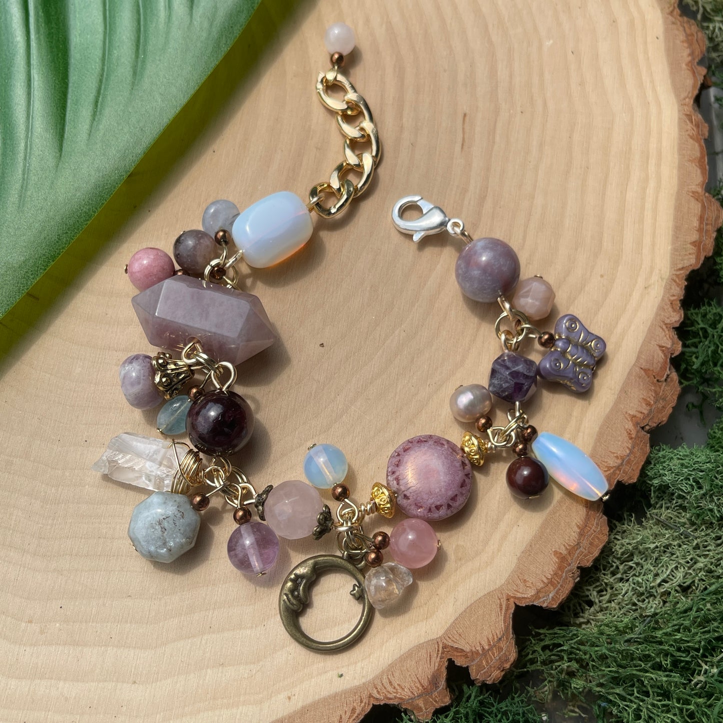 Aquamarine, Opalite, Strawberry Quartz, Lepidolite + Amethyst Charm Bracelet
