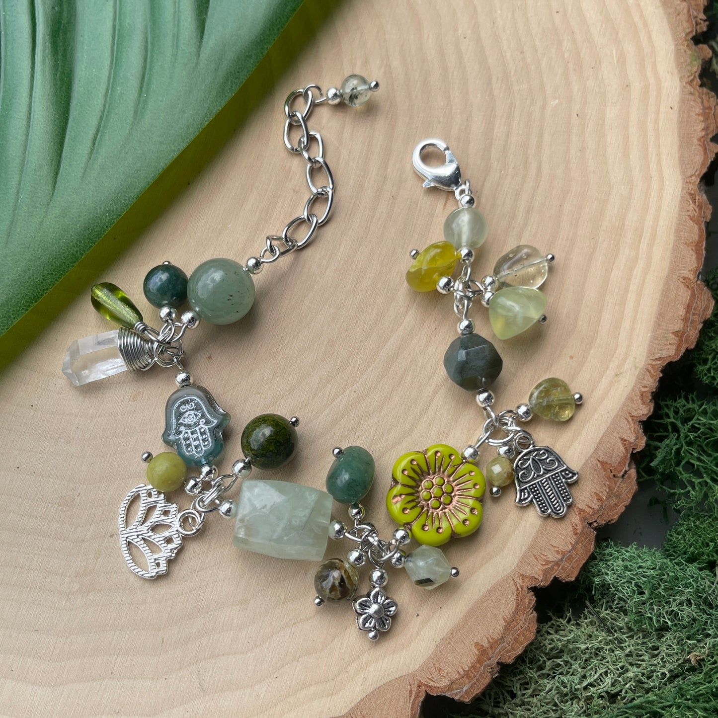 Prehnite, Peridot, Moss Agate + Aventurine Charm Bracelet