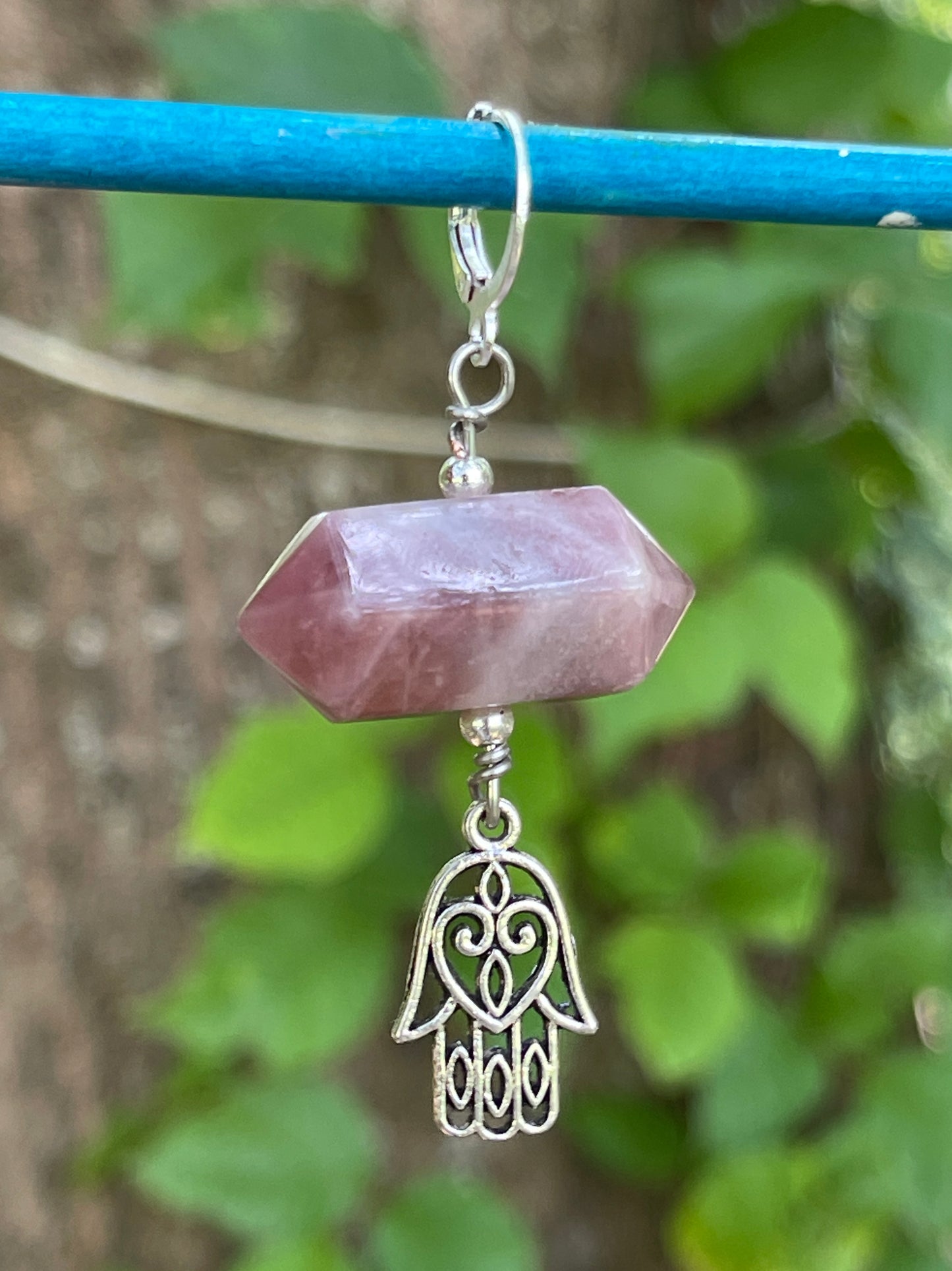 Madagascar Rose Quartz Hamsa Hand Hair Charm