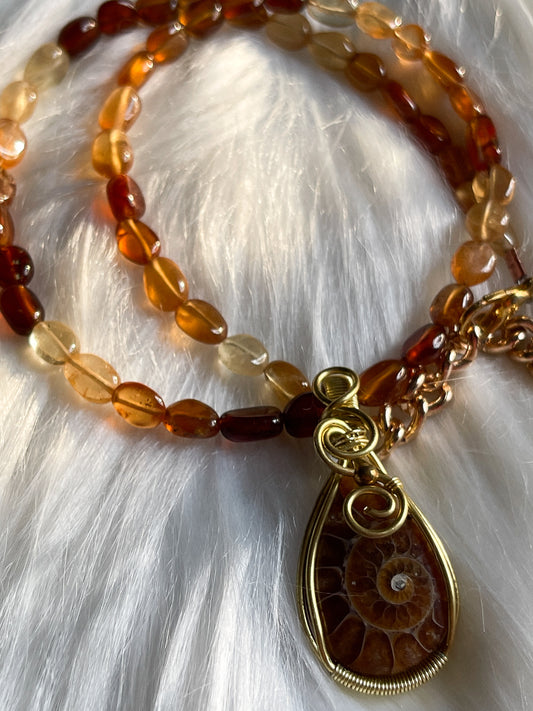 Ammonite Fossil + Hessonite Garnet Choker