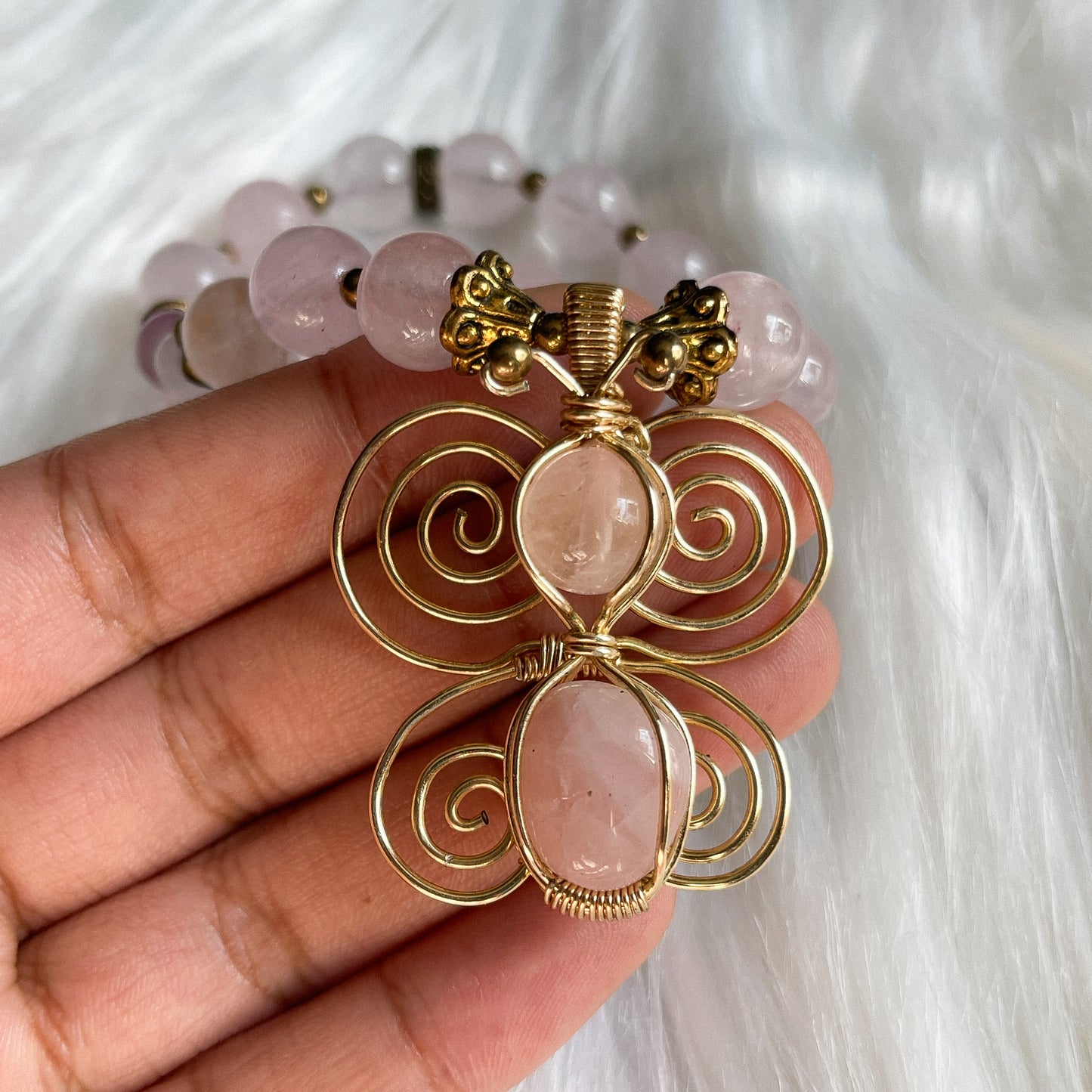 Bubblegum Rose Quartz Butterfly Necklace