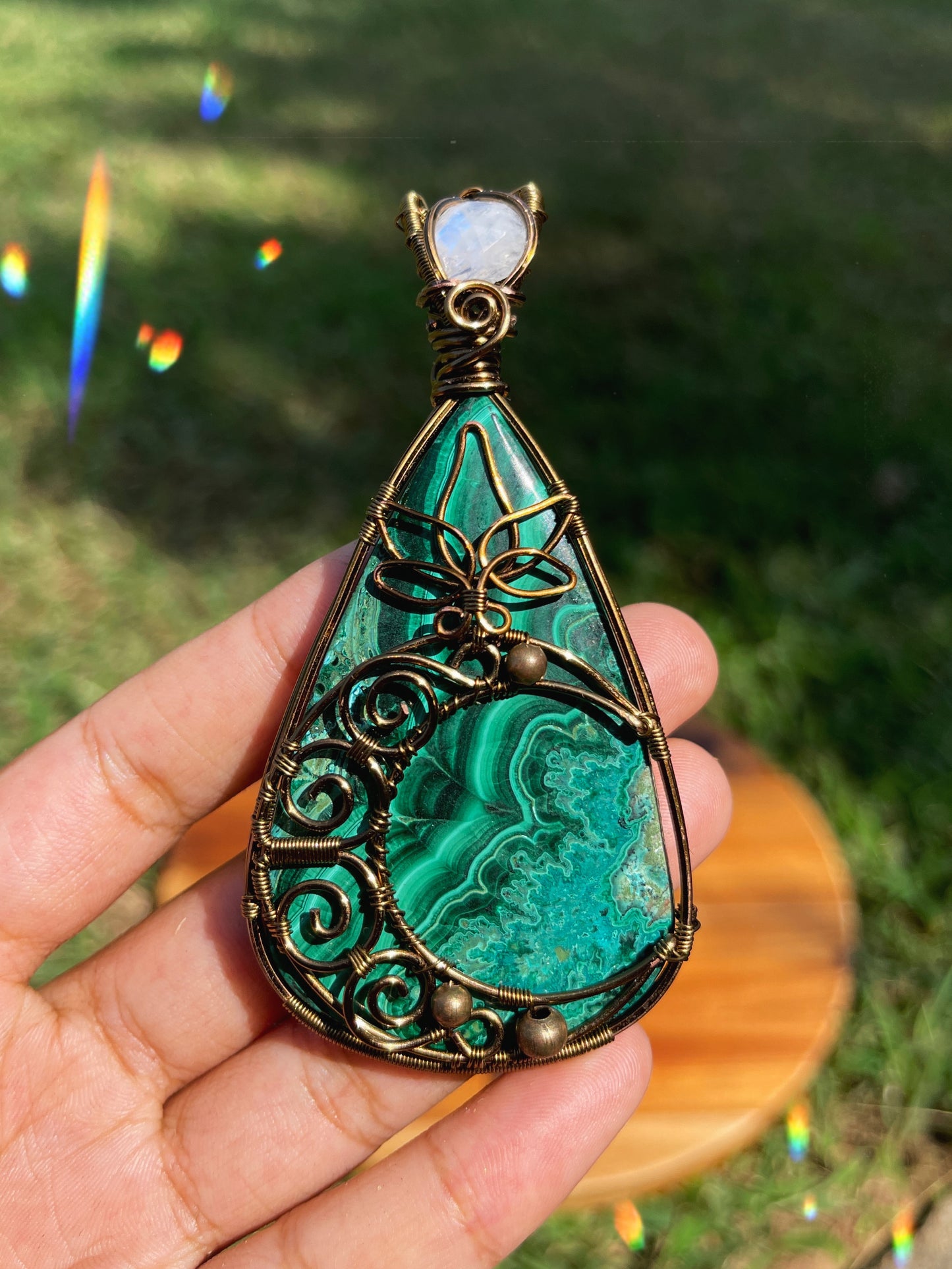 Large Malachite + Moonstone Crescent Moon Pendant