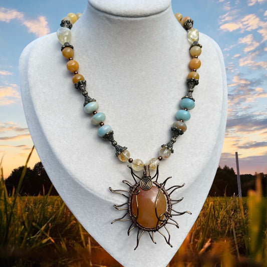Clementine • Amazonite, Sherbet Jade, Citrine + Carnelian Sun Necklace