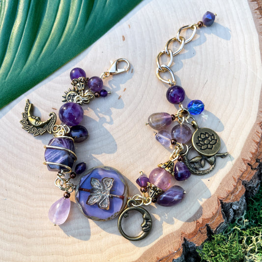 Amethyst, Lepidolite + Fluorite Charm Bracelet