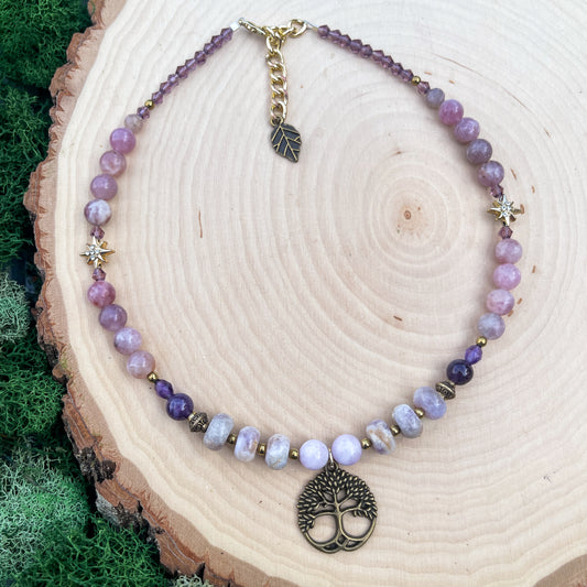Lilac Amethyst, Lepidolite + Rose Quartz Tree of Life Necklace