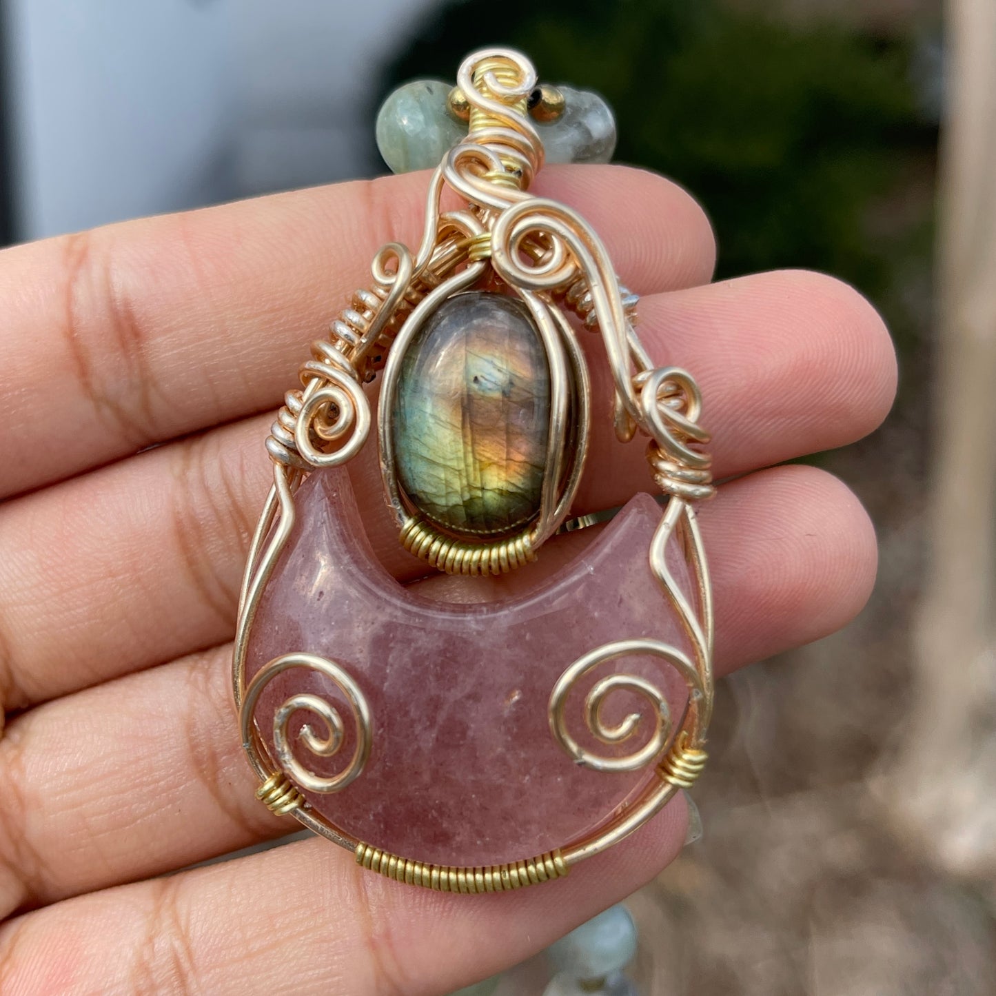 Aquamarine, Labradorite + Strawberry Quartz Necklace