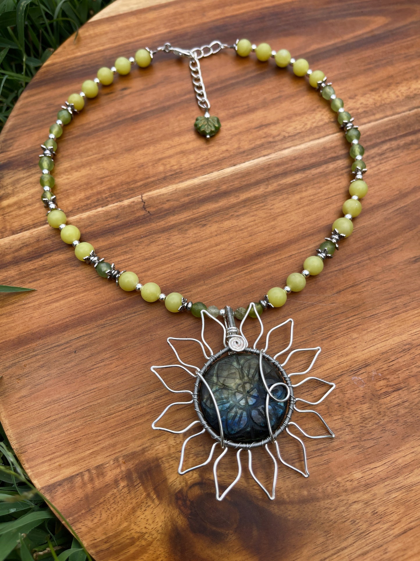 Full Bloom • Labradorite, Green Garnet + Green Calcite Flower Necklace