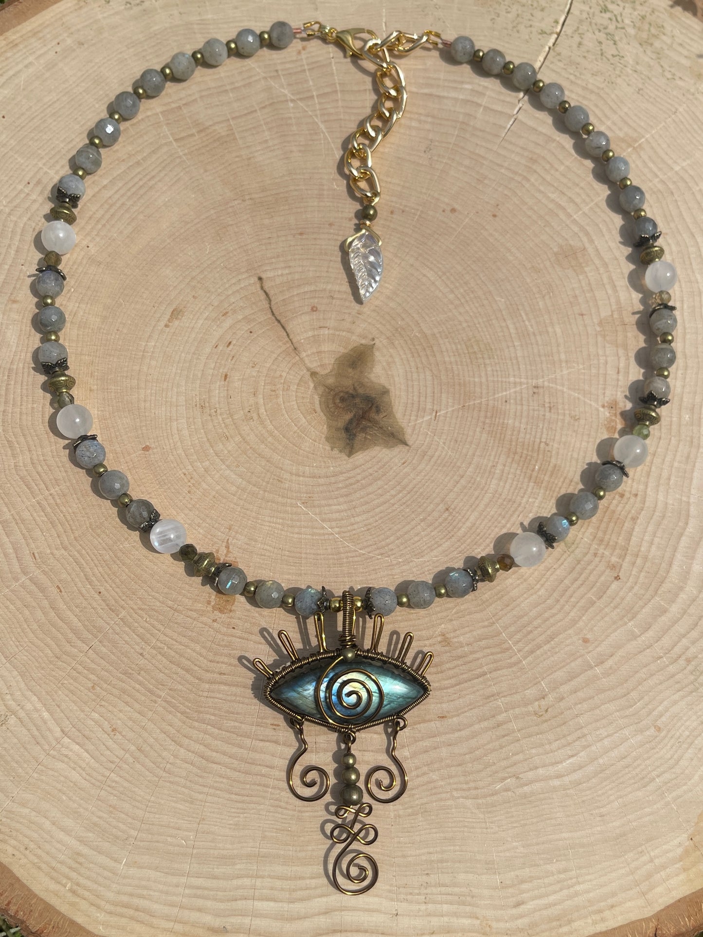 Labradorite, Moonstone + Green Garnet Eye Necklace