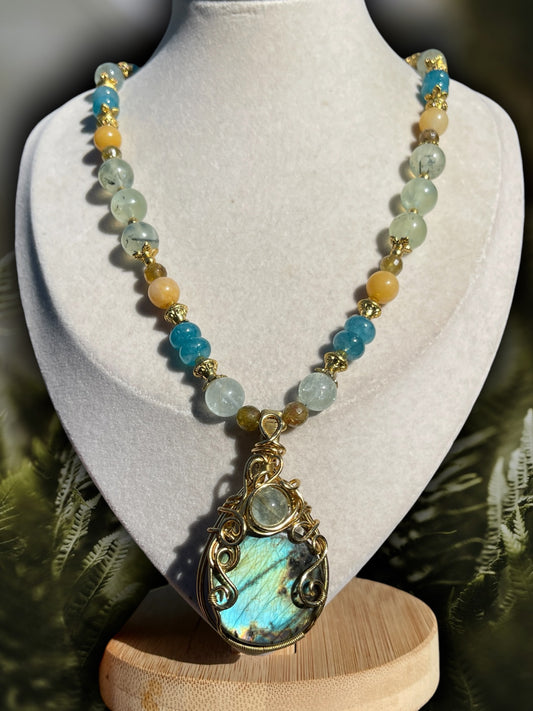 Blair • Labradorite, Aquamarine, Blue Apatite, Prehnite + Honey Calcite Necklace