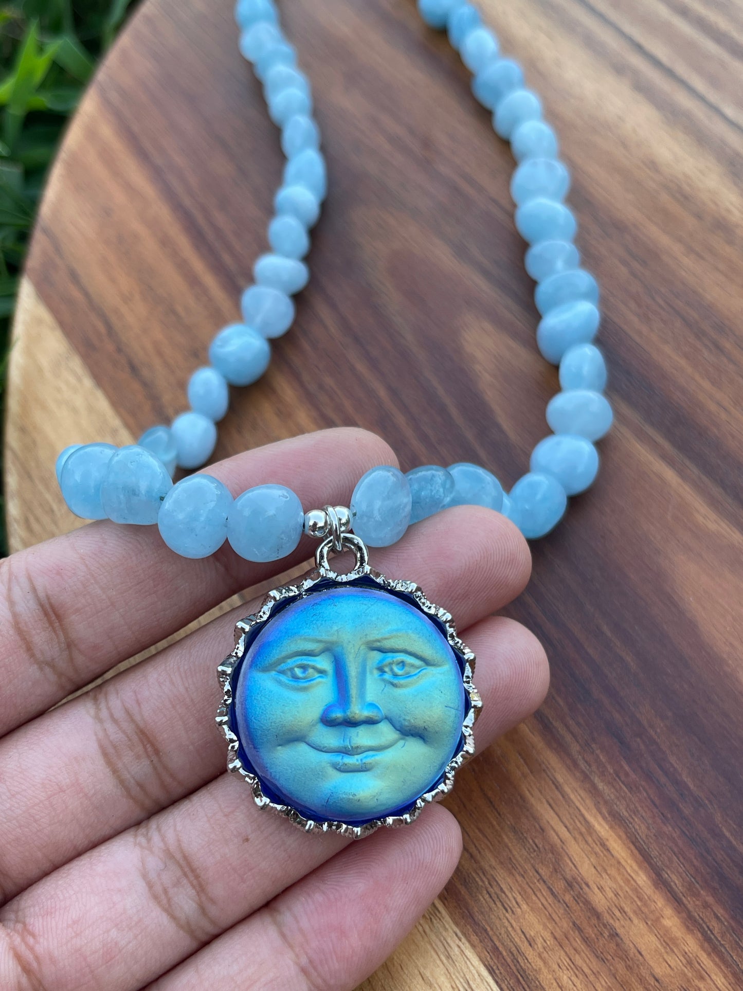 Wonderland • Dyed Aquamarine Moon Face Necklace