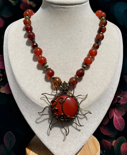 10mm Red Jasper, Carnelian + Amber Sun and Moon Necklace