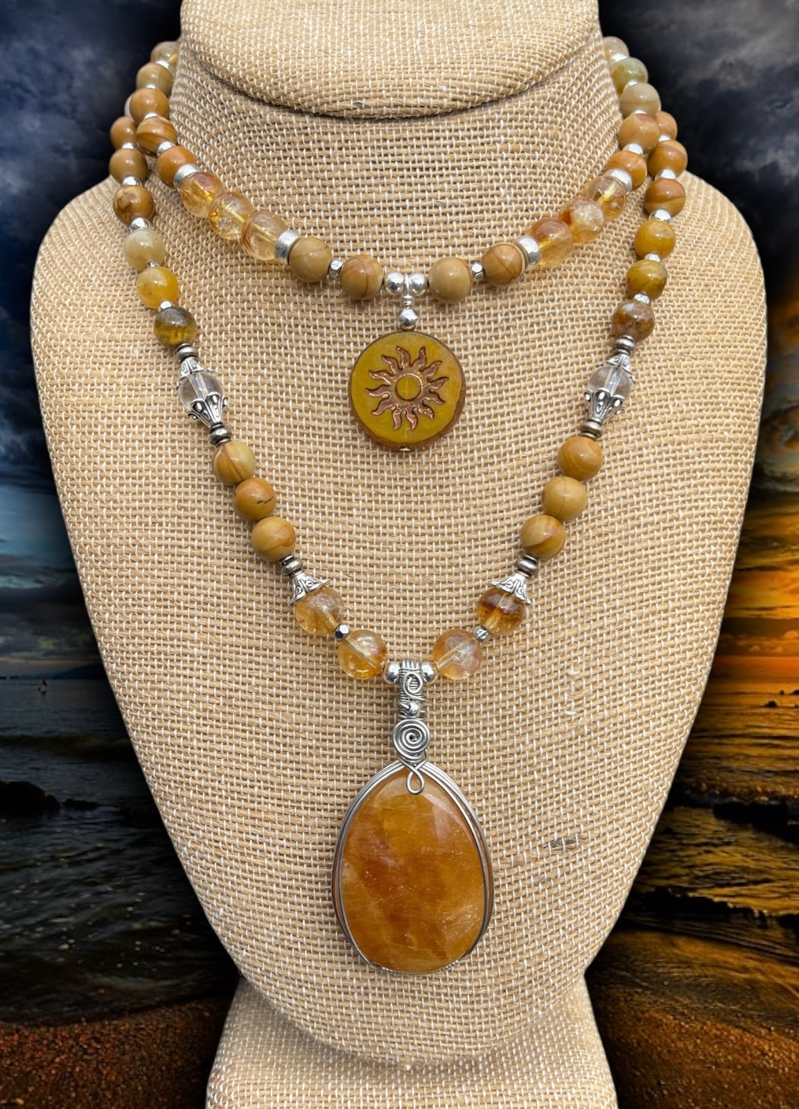 Golden Hour • Heliodor Aquamarine, Citrine + Petrified Wood Set