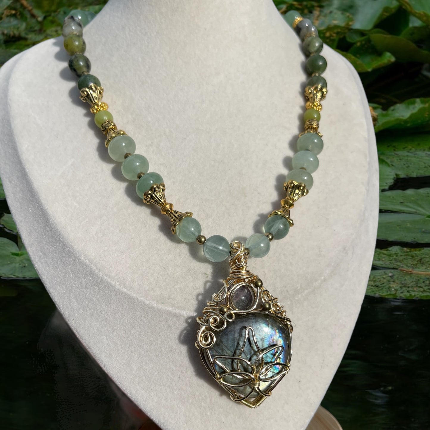 Fallyn • Labradorite, Fluorite, Jade + Mossy Agate Lotus Flower Necklace