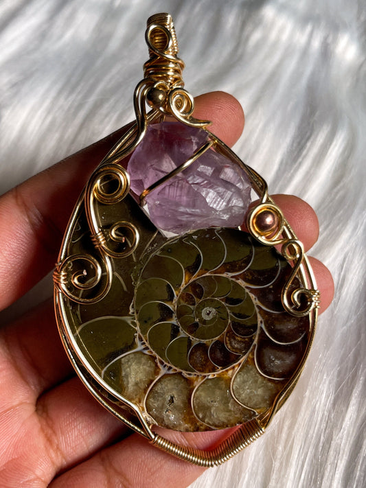 XL Ammonite Fossil & Amethyst Pendant (Rare)