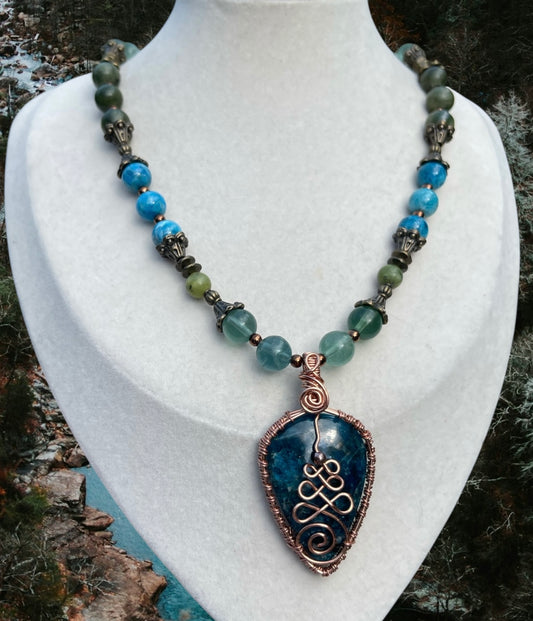 Kaia • Apatite, Fluorite + Serpentine Unalome Necklace