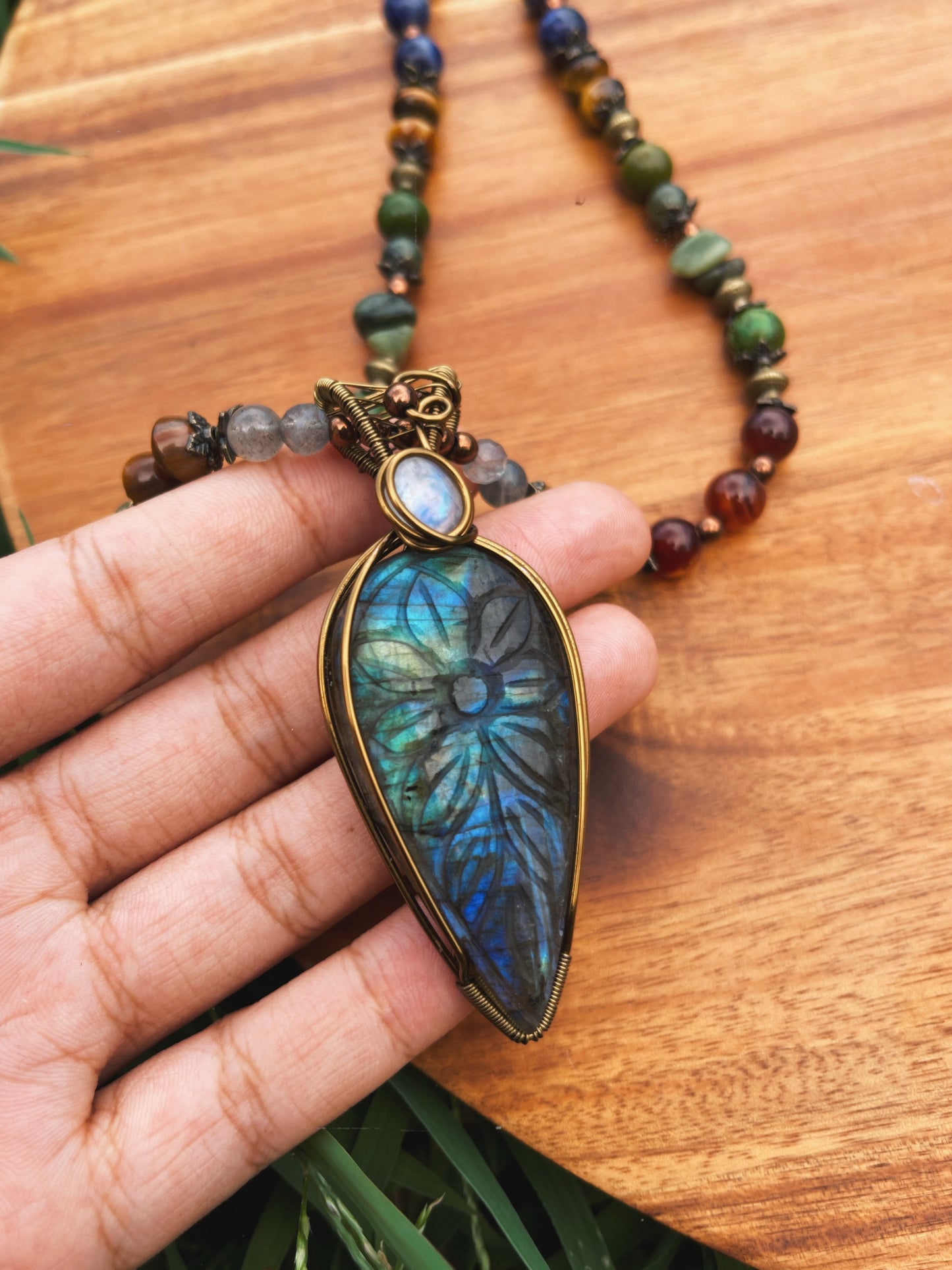 Earth’s Treasures • Carved Labradorite, Moonstone, Carnelian, Jade, Sodalite, Tigers Eye + Amethyst Necklace