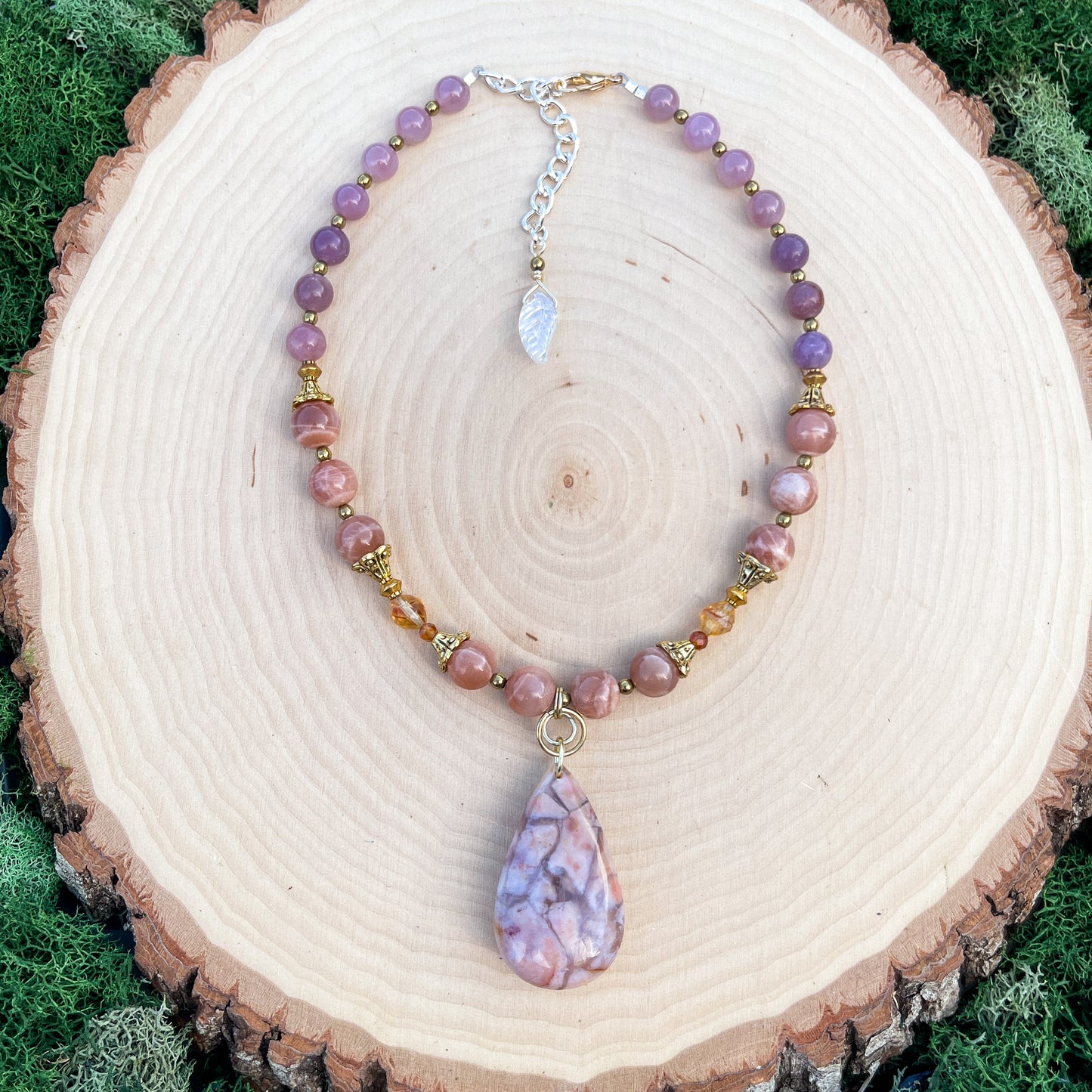 Maya • Flower Agate, 10mm Sunstone, Hessonite Garnet + Citrine Necklace