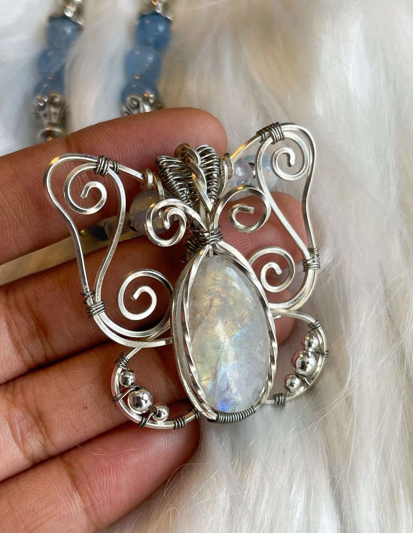 Moonstone, Opalite + Aquamarine Jade Butterfly Necklace