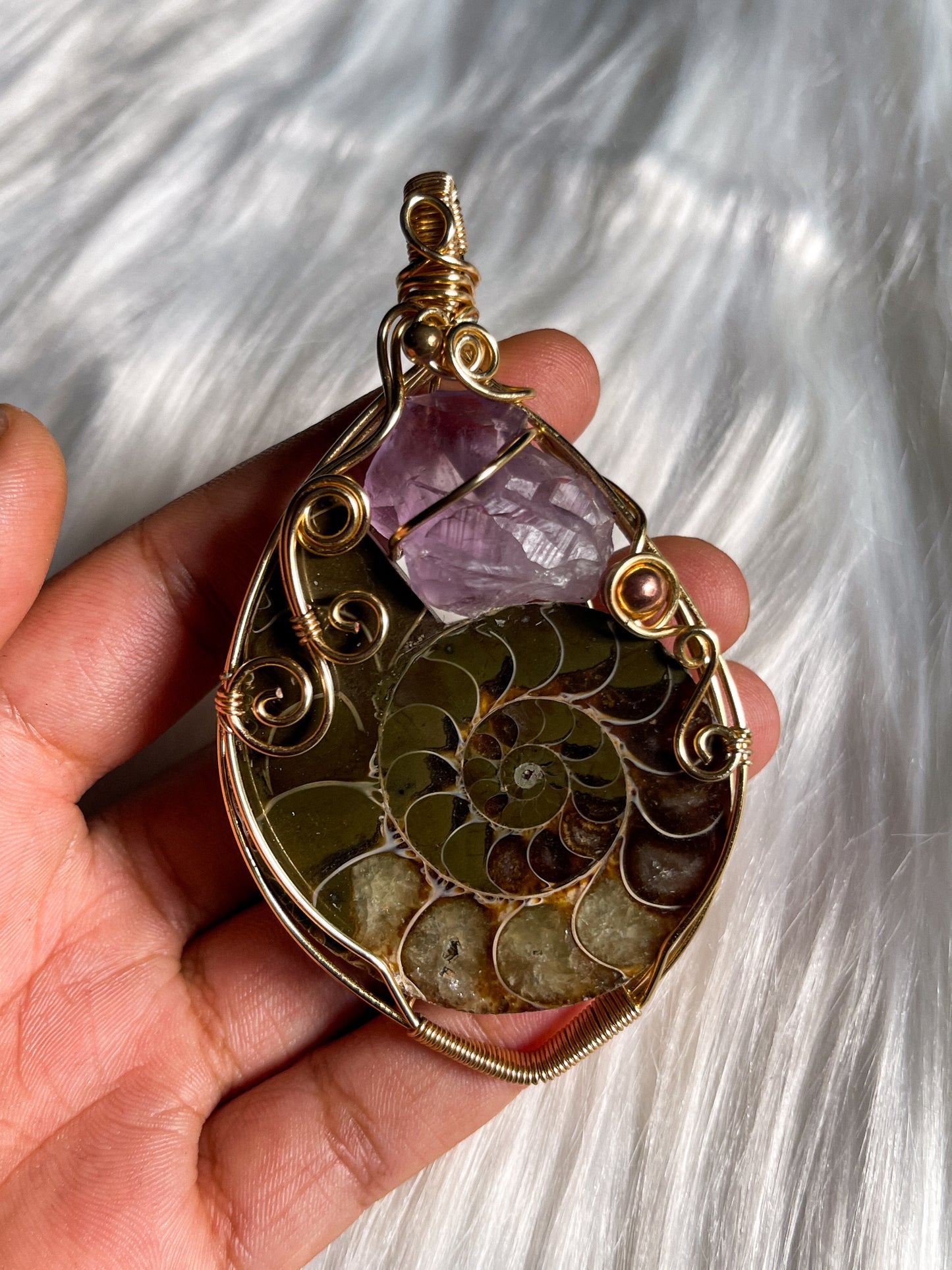 XL Ammonite Fossil & Amethyst Pendant (Rare)