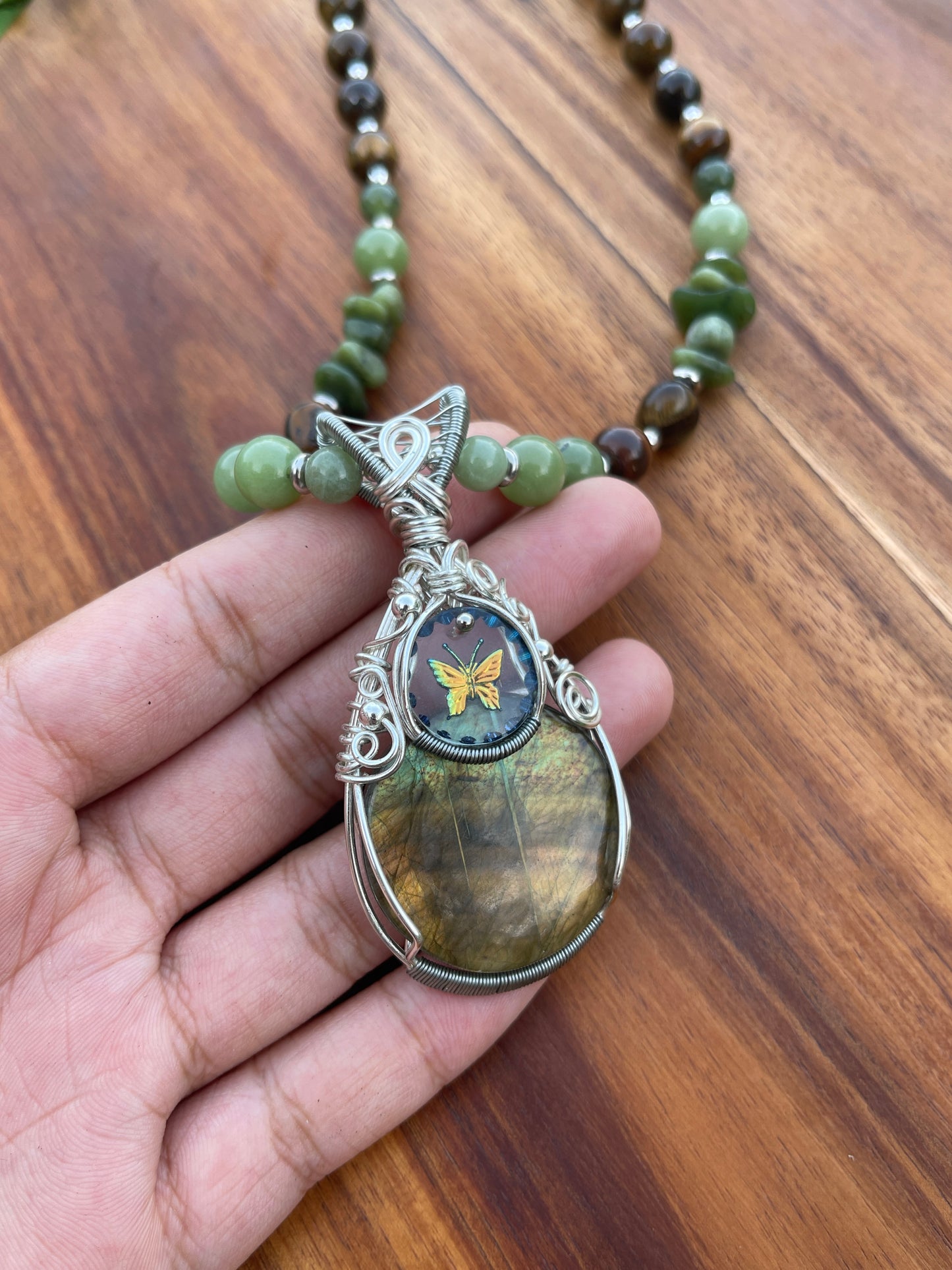Labradorite, Jade + Tigers Eye Butterfly Necklace