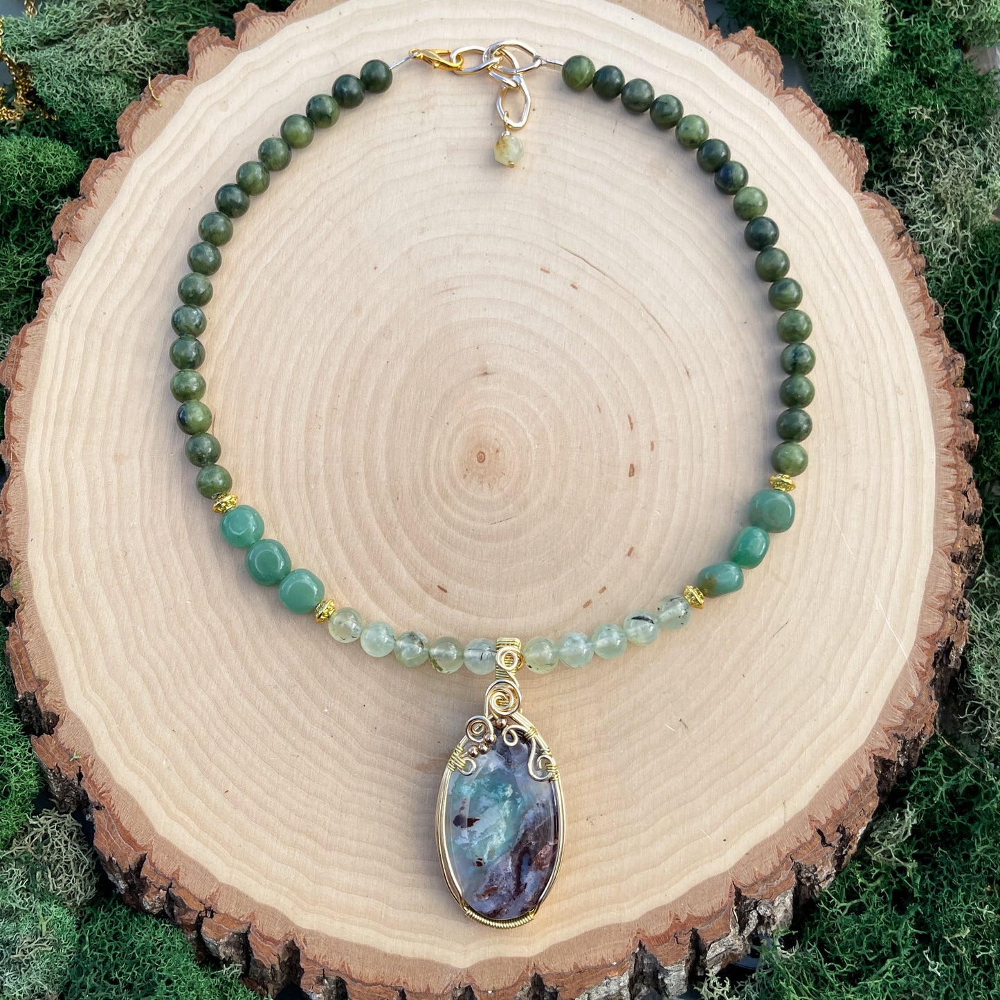 Evergreen • Aqua Chalcedony, Prehnite, Chinese Jade + Aventurine Necklace