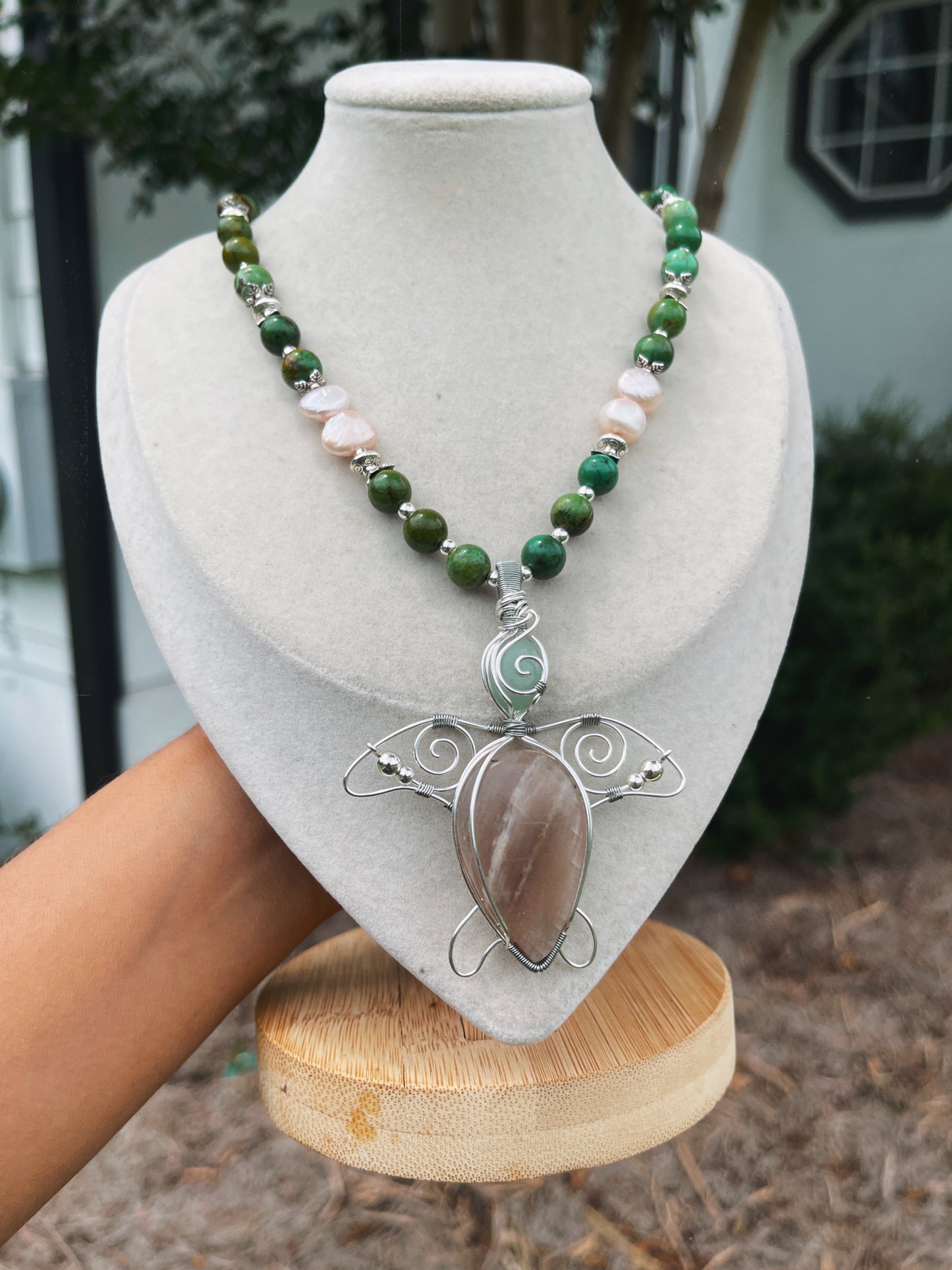 Belmorite Moonstone, Pearl + Green Turquoise Turtle Necklace