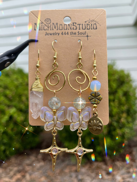 Aquamarine, Opalite + Clear Quartz Earrings Set