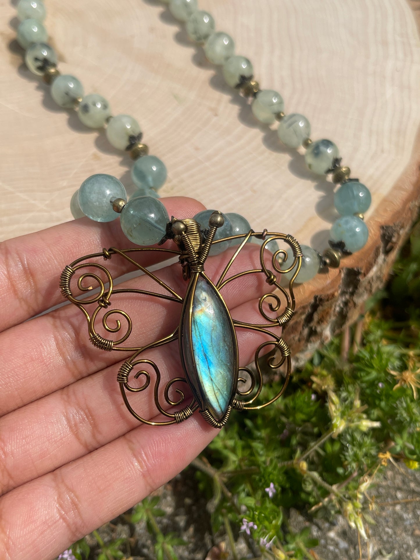 10mm Aquamarine, Prehnite + Labradorite Butterfly Necklace