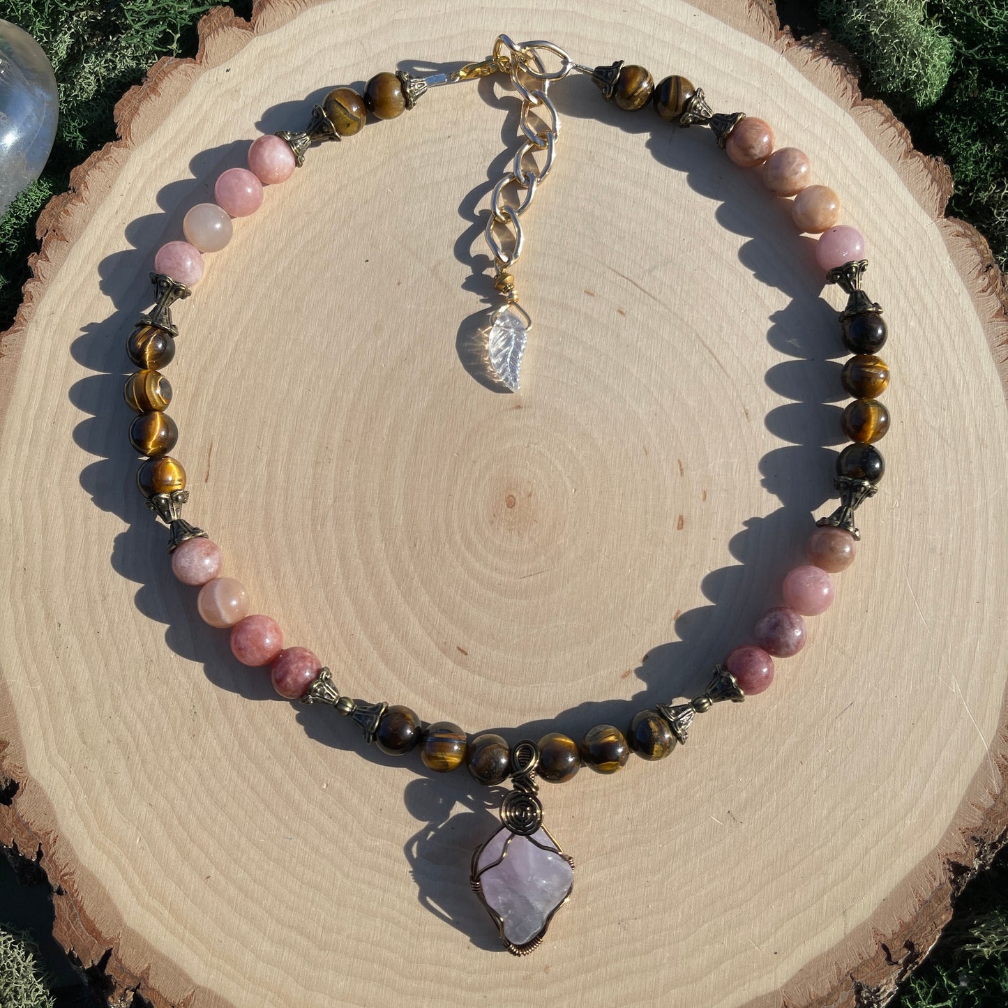 Rhea • 10mm Peach Moonstone, Rose Quartz + Tigers Eye Necklace