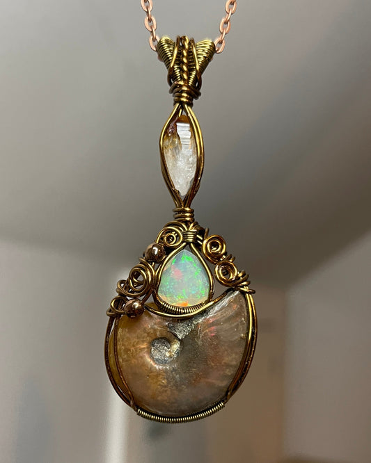 Fire Ammonite, Ethiopian Opal + Citrine Pendant • Sacred Trio
