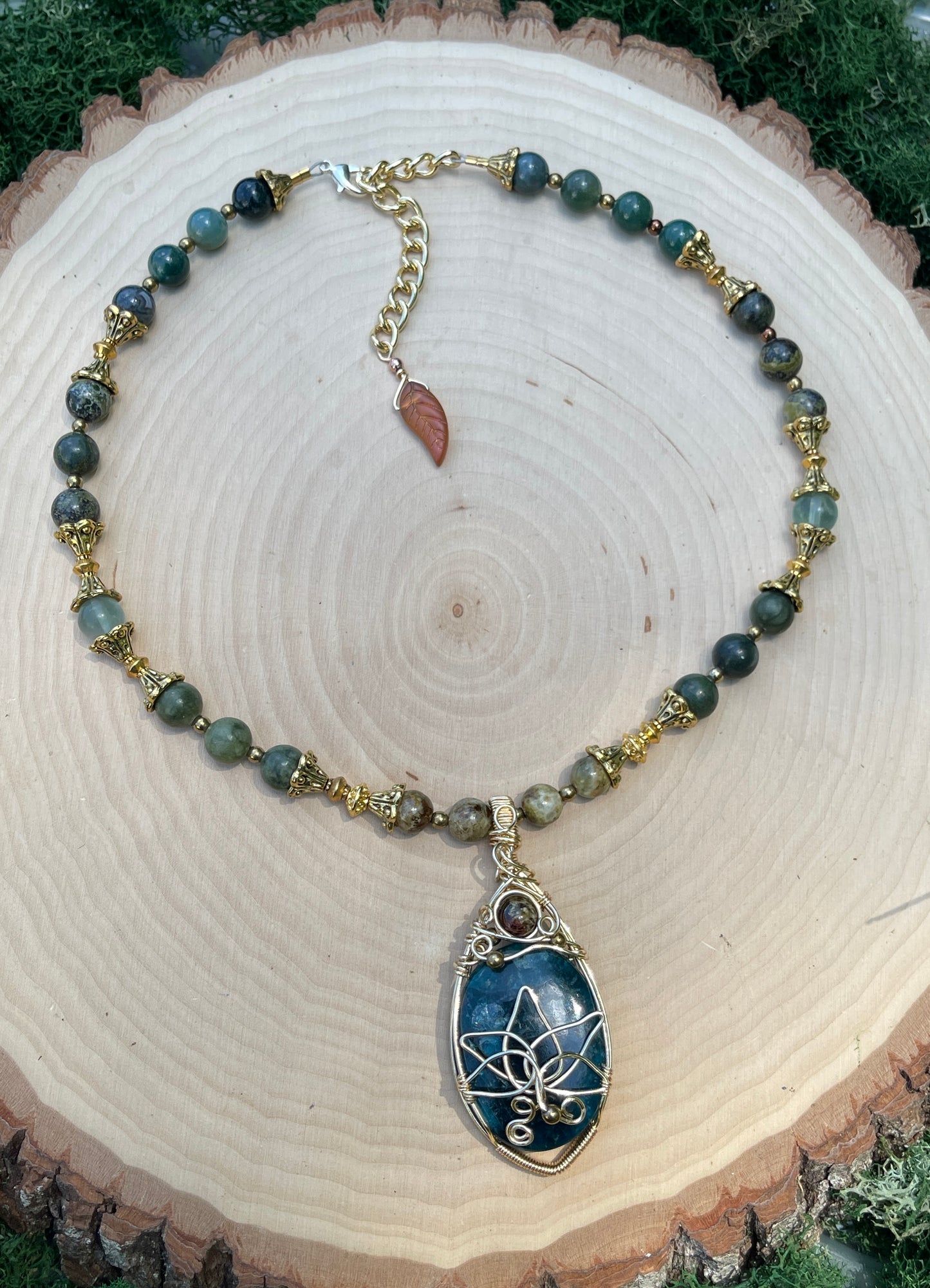 Aven • Green Garnet, Blue Apatite, Fluorite + Chinese Jade Lotus Flower Necklace