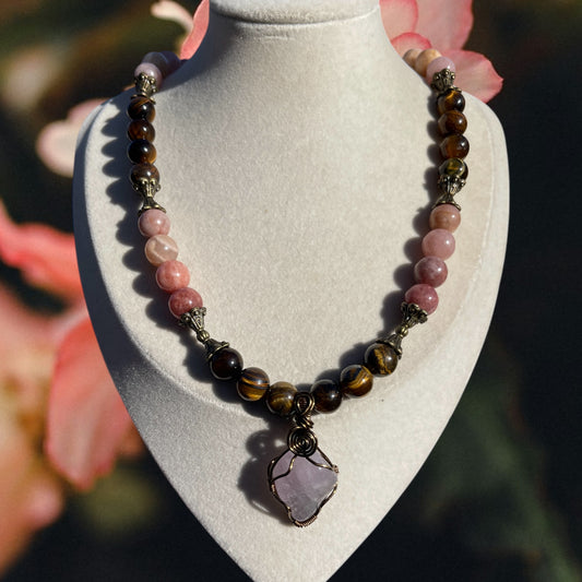 Rhea • 10mm Peach Moonstone, Rose Quartz + Tigers Eye Necklace