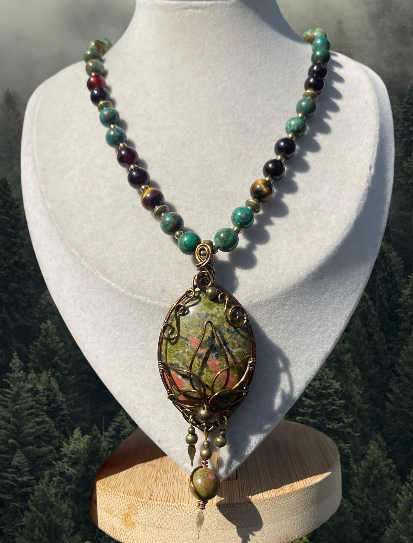 Amaris • Unakite, Shattuckite, Tigers Eye + Hessonite Garnet Necklace