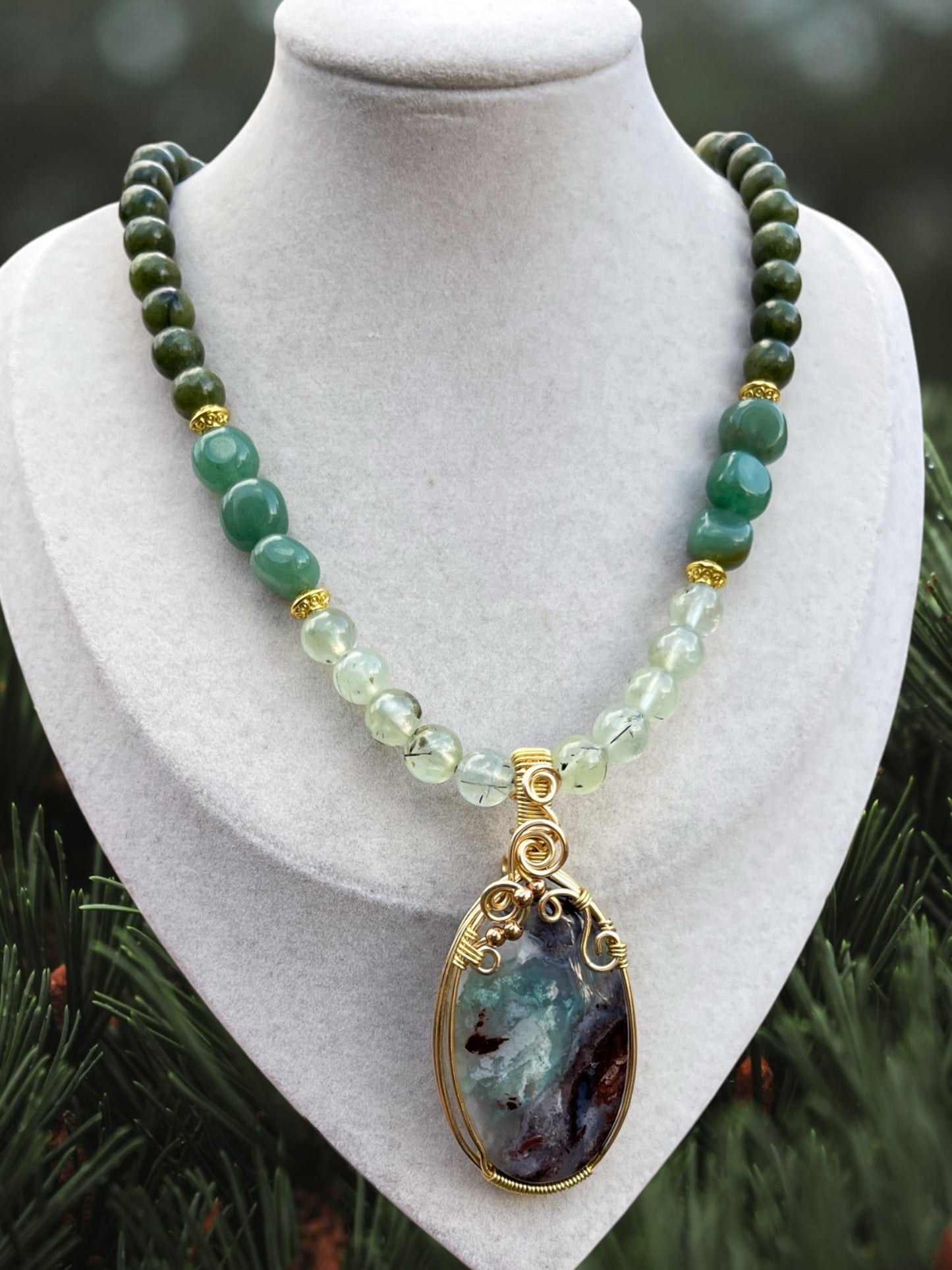 Evergreen • Aqua Chalcedony, Prehnite, Chinese Jade + Aventurine Necklace