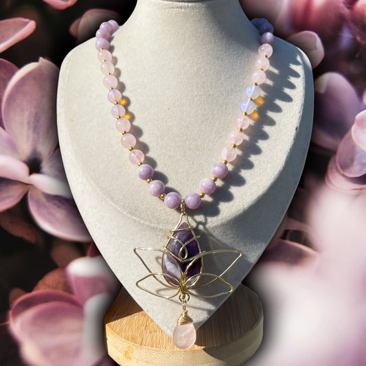 Reagan • Amethyst, Rose Quartz, Lepidolite + Opalite Lotus Flower Necklace