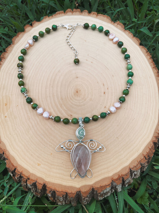 Belmorite Moonstone, Pearl + Green Turquoise Turtle Necklace