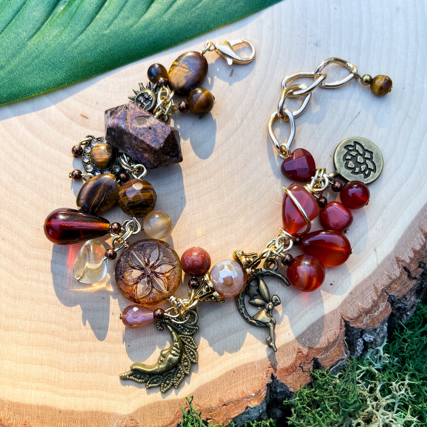 Carnelian, Red Jasper, Citrine, Peach Moonstone + Tigers Eye Charm Bracelet