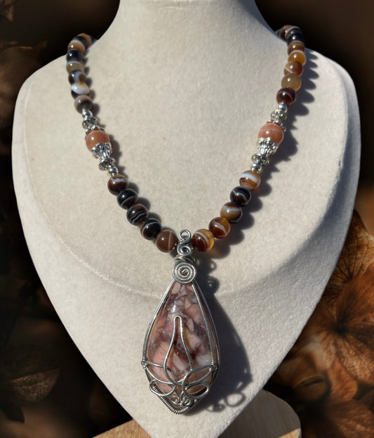 Sunstone, Botswana Agate + Flower Agate Lotus Flower Necklace