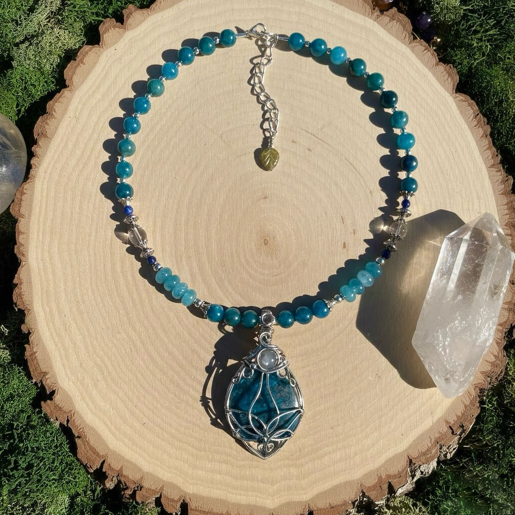 Blue Apatite + Labradorite Lotus Flower Necklace