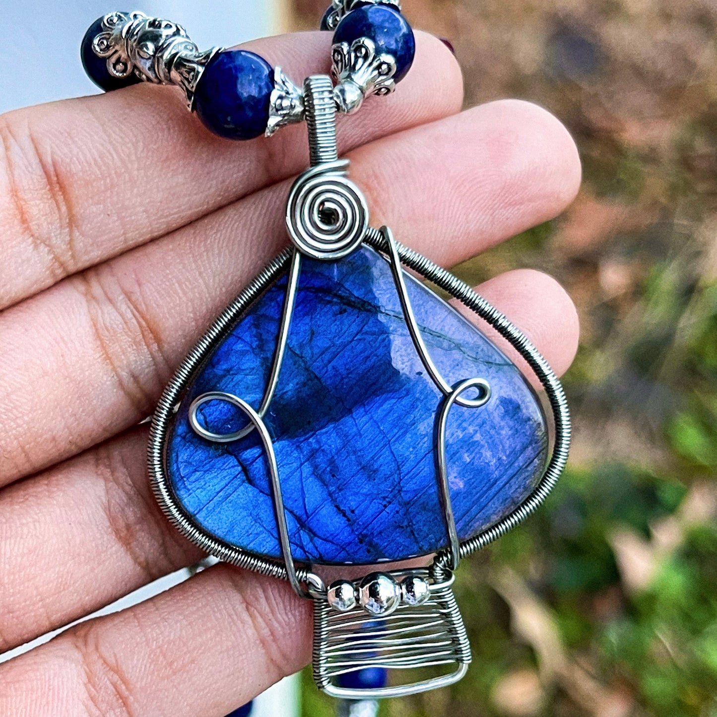 Blue Labradorite + Lapis Lazuli Mushroom Necklace