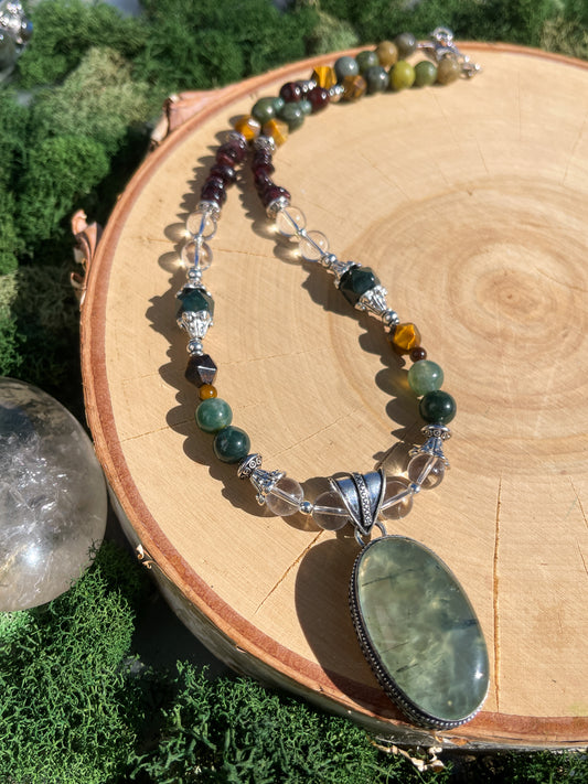 Prehnite 925 Sterling Silver Necklace • Moss Agate, Tiger’s Eye