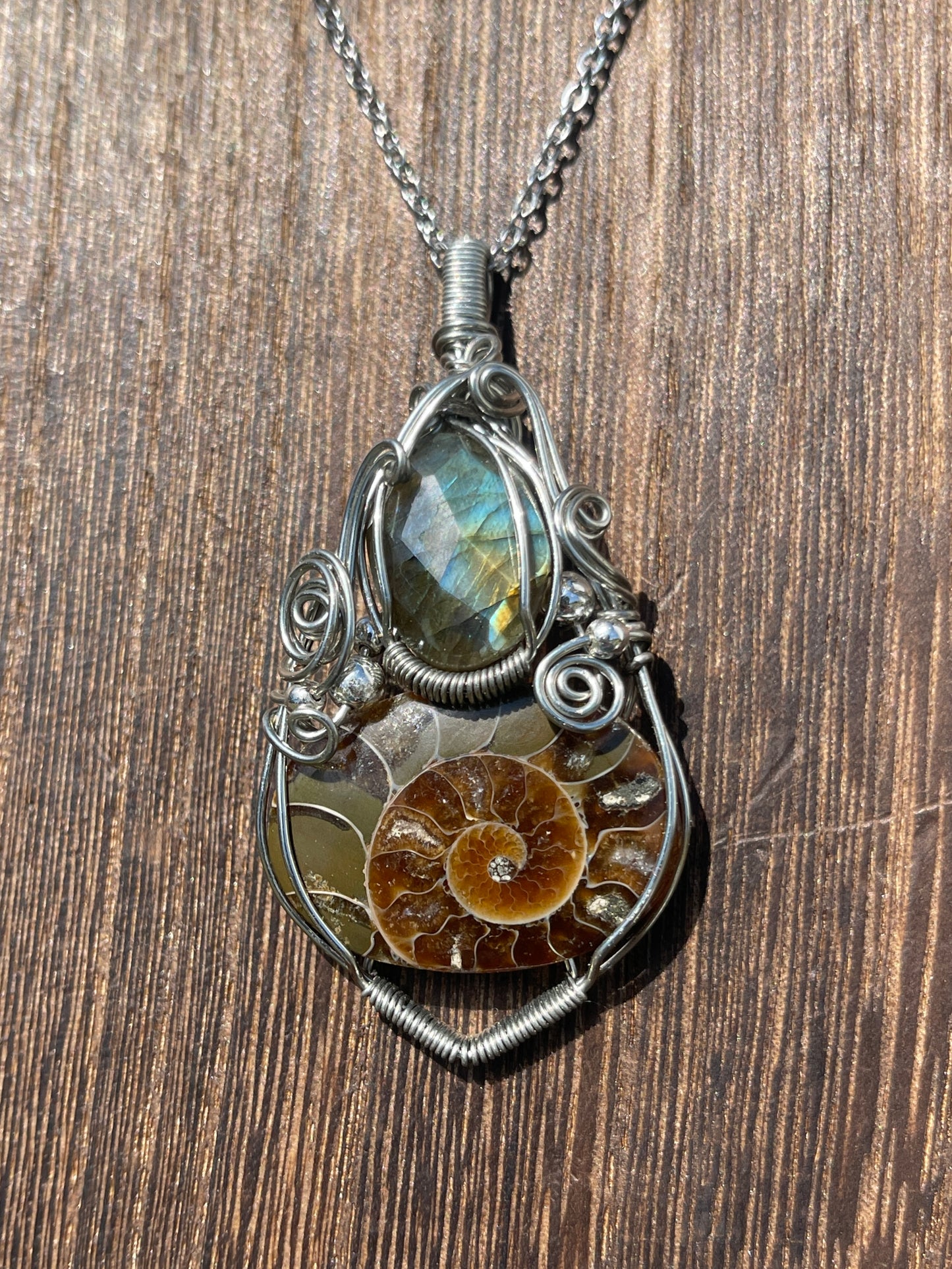 Faceted Labradorite + Ammonite Pendant