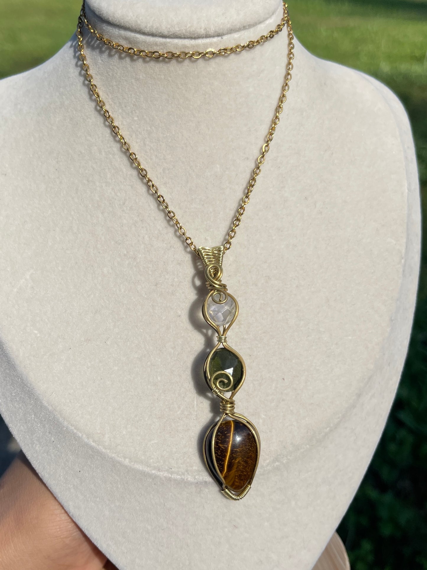 3-Stone Moldavite, Quartz + Tigers Eye Pendant
