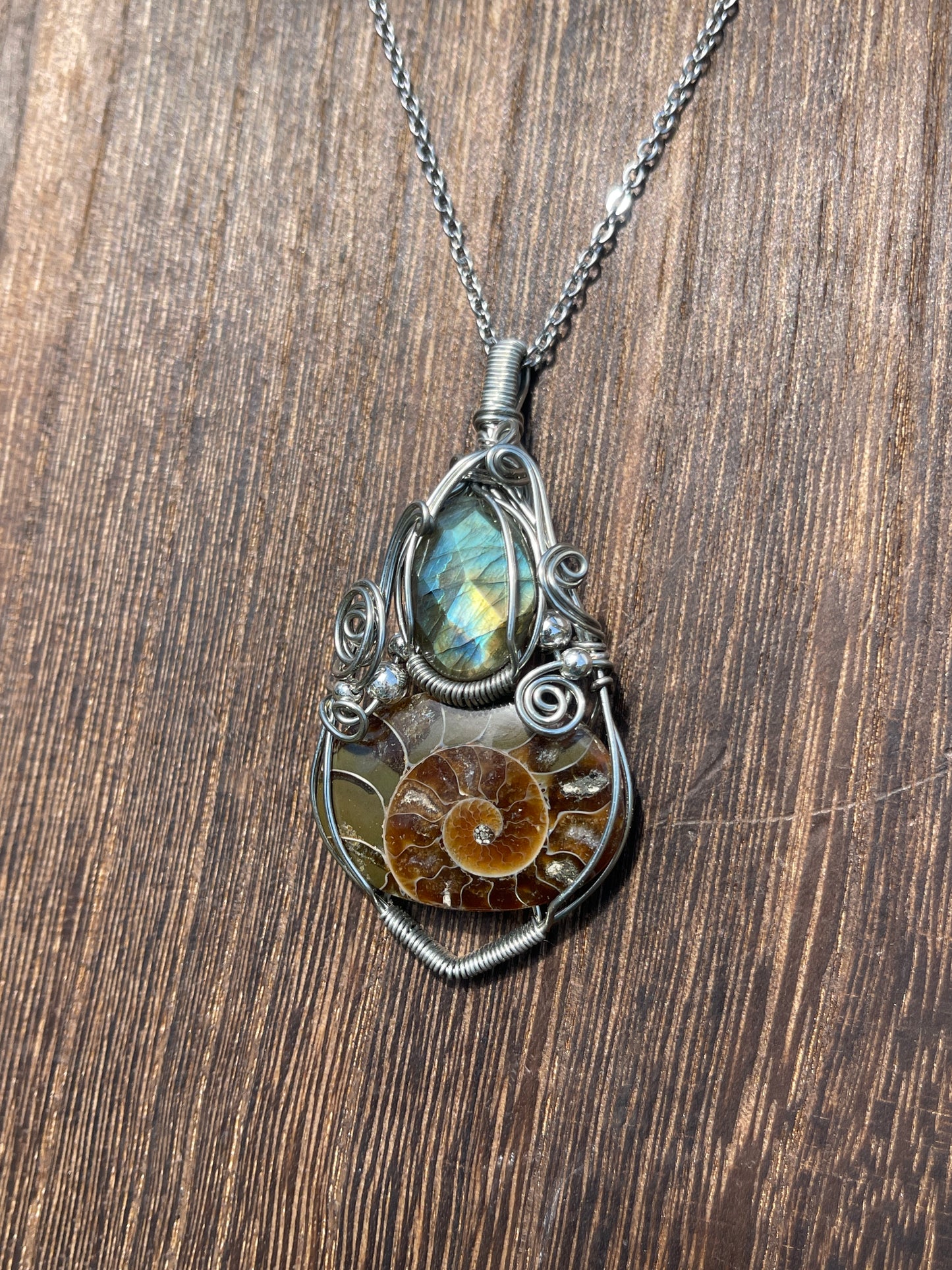 Faceted Labradorite + Ammonite Pendant