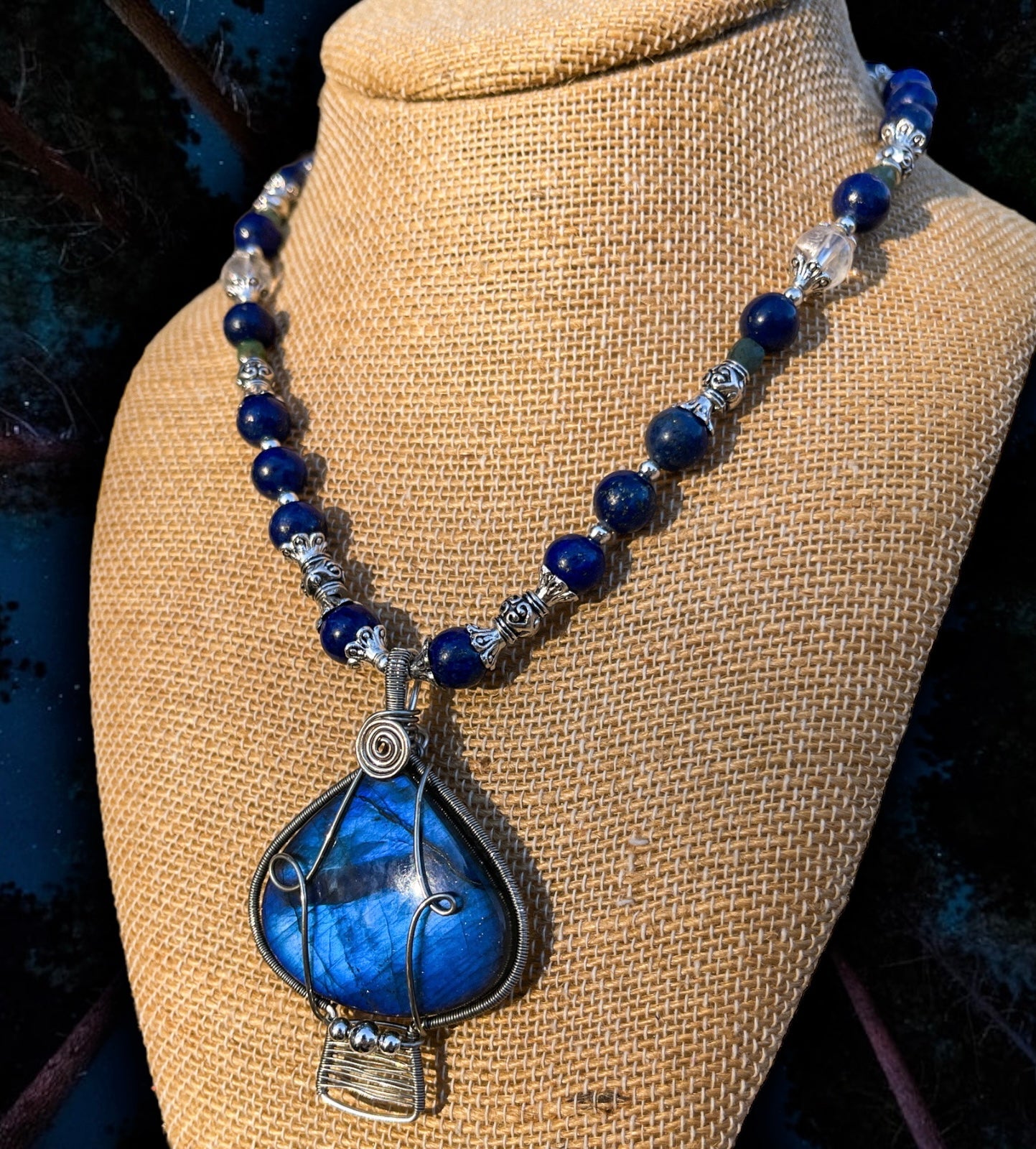 Blue Labradorite + Lapis Lazuli Mushroom Necklace
